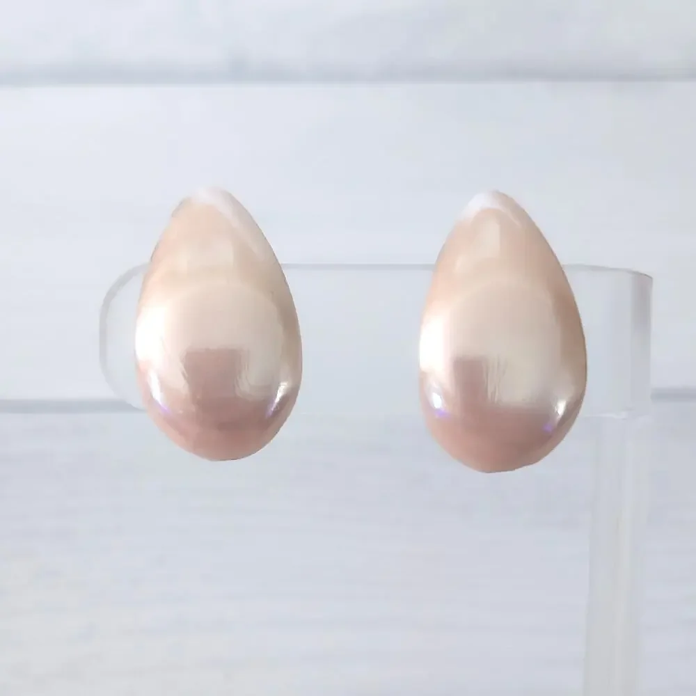 Vintage Screw On Earrings Pearlescent Pink-ish Curved Teardrop Shape